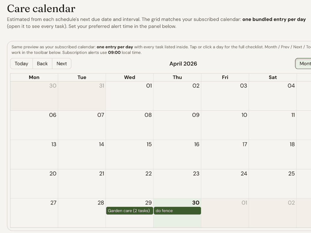 Care reminders in your calendar